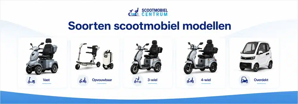 Vaste, opvouwbare, driewiel-, vierwiel- en overdekte scootmobielen naast elkaar