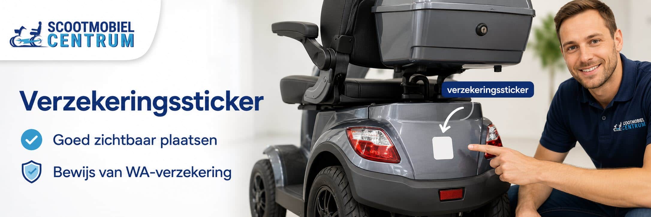 Verzekeringssticker zichtbaar op een scootmobiel