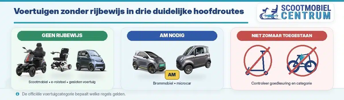 Voertuigen verdeeld in rijbewijsvrij, rijbewijs AM nodig en niet toegestaan