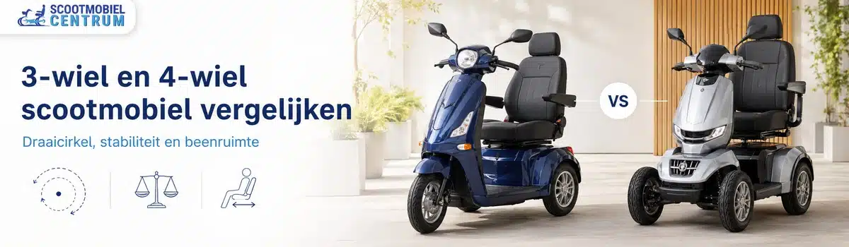 Blauwe 3-wiel scootmobiel en grijze 4-wiel scootmobiel naast elkaar voor een vergelijking