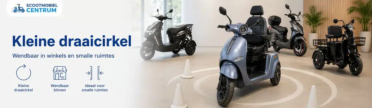 3-wiel scootmobiel met aandachtspunten voor draaicirkel, keren en parkeren