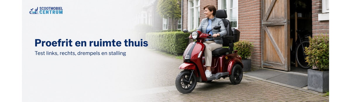 Proefrit met een 3-wiel scootmobiel bij een bocht, drempel en stalling