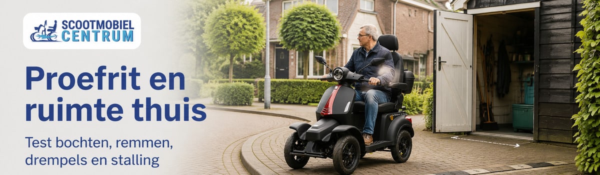 Proefrit met een 4-wiel scootmobiel bij een bocht, drempel en stalling