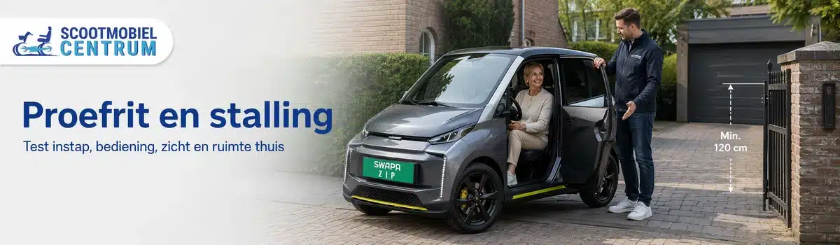 Brommobiel tijdens praktijktest controleren op instap bediening zicht parkeren en stalling