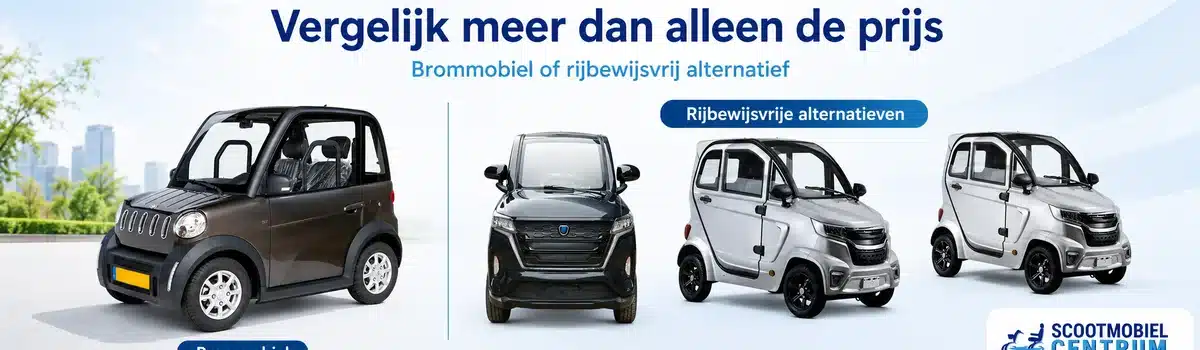 MOVE CityCar brommobiel met geel kenteken naast Brik Dike en Q-EN als rijbewijsvrije alternatieven