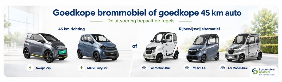 Goedkope brommobiel of goedkope 45 km auto vergelijken op prijs rijbewijs en uitvoering