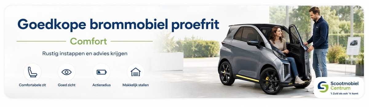 Goedkope brommobiel proefrit voor instap comfort zicht actieradius en stalling