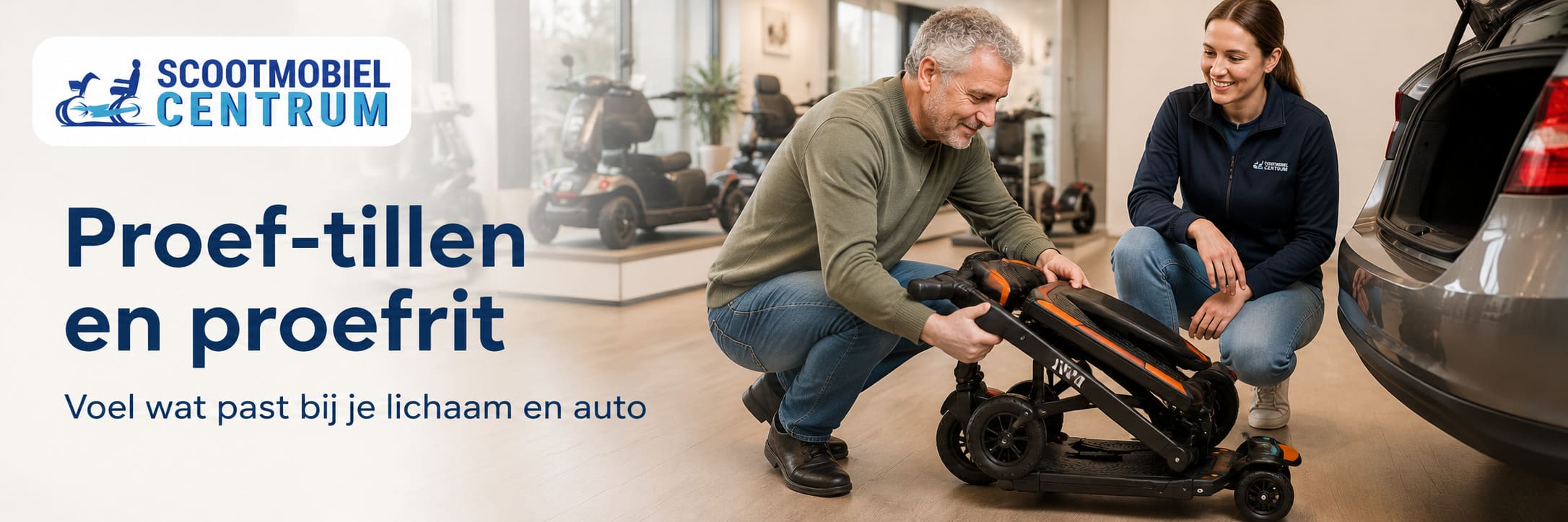 Lichtgewicht opvouwbare scootmobiel proef tillen en proefrit maken