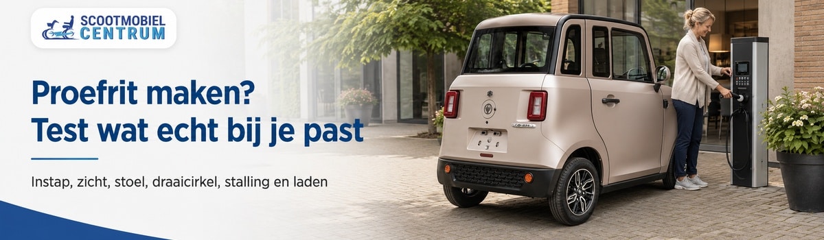 Microcar proefrit bij Scootmobiel Centrum voor instap zicht stalling laadplek en rijervaring