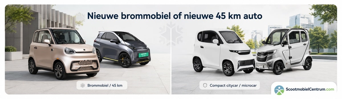 Nieuwe brommobiel of nieuwe 45 km auto vergelijken op rijbewijs en gebruik
