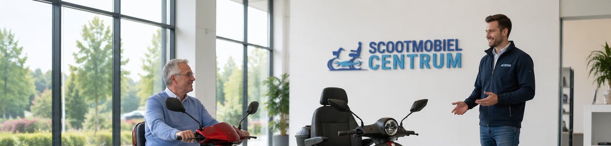 Klant vergelijkt twee nieuwe scootmobielen tijdens een proefrit in de showroom.