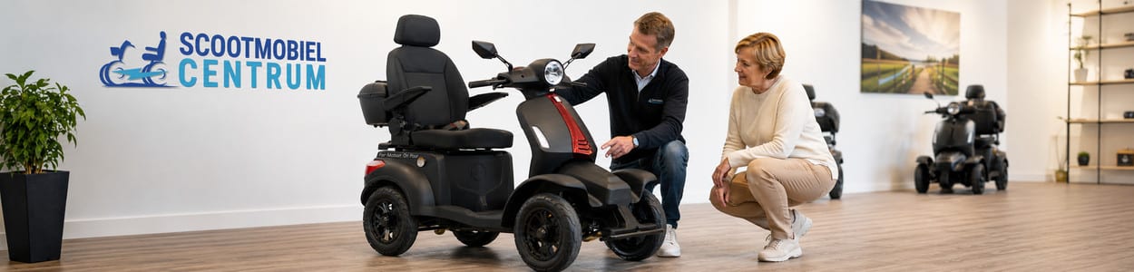 Medewerker bespreekt stoel, bediening en accuopties van een nieuwe scootmobiel met een klant.
