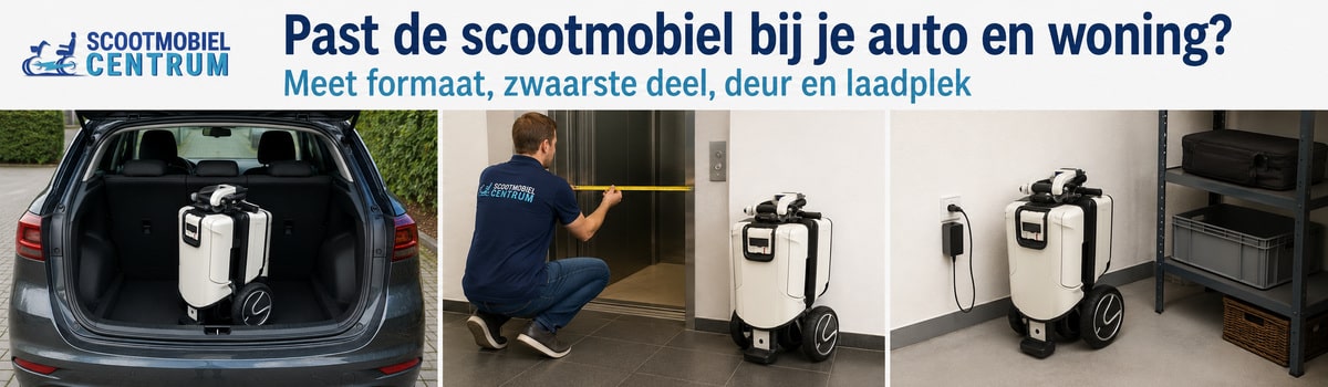 Opvouwbare scootmobiel in een kofferbak naast het meten van een deur en stallingsruimte