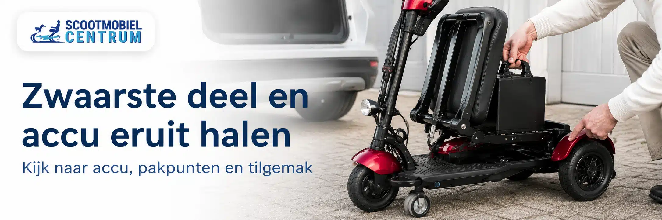 Opvouwbare scootmobiel zwaarste deel en accu eruit halen voor tilgemak