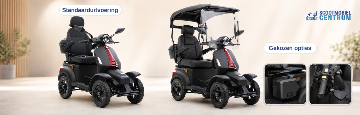 For Motion On Four in standaarduitvoering naast dezelfde scootmobiel met comfortstoel, grotere accu, aangepaste bediening en overkapping.