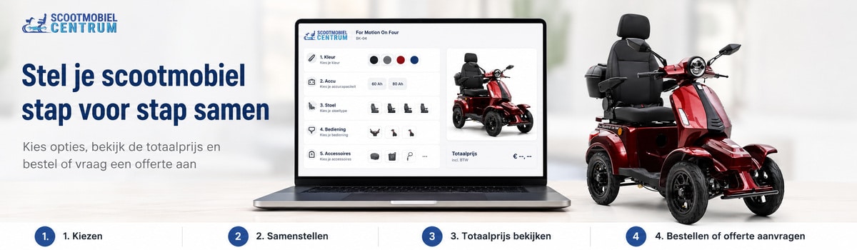 Scootmobiel online samenstellen in de configurator met keuze voor accu, stoel en accessoires