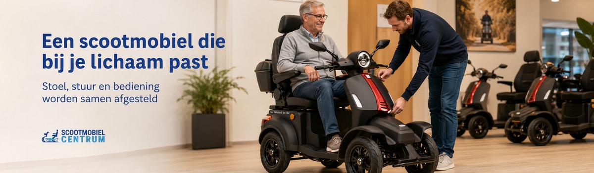 Klant maakt een proefrit op een scootmobiel terwijl een adviseur het rijgedrag beoordeelt