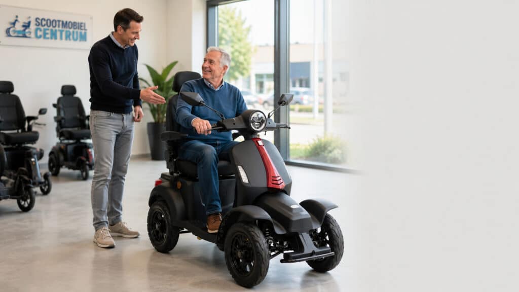 Klant probeert een scootmobiel terwijl een adviseur uitleg geeft over stoel en bediening