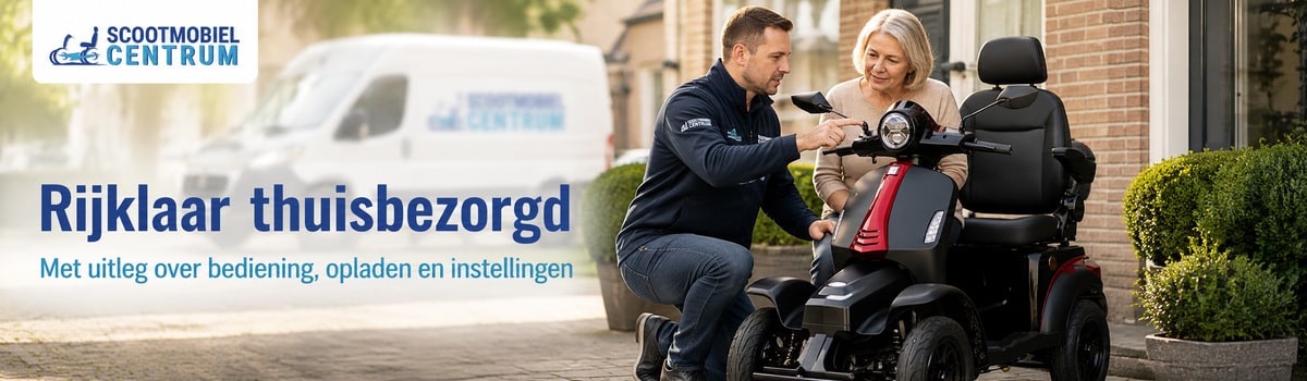 Scootmobiel wordt rijklaar thuisbezorgd met uitleg over bediening en opladen