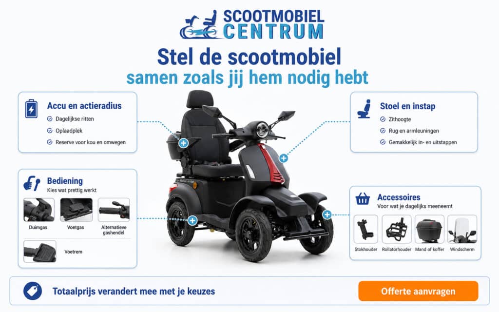Scootmobiel met keuzemogelijkheden voor accu, stoel, bediening en accessoires