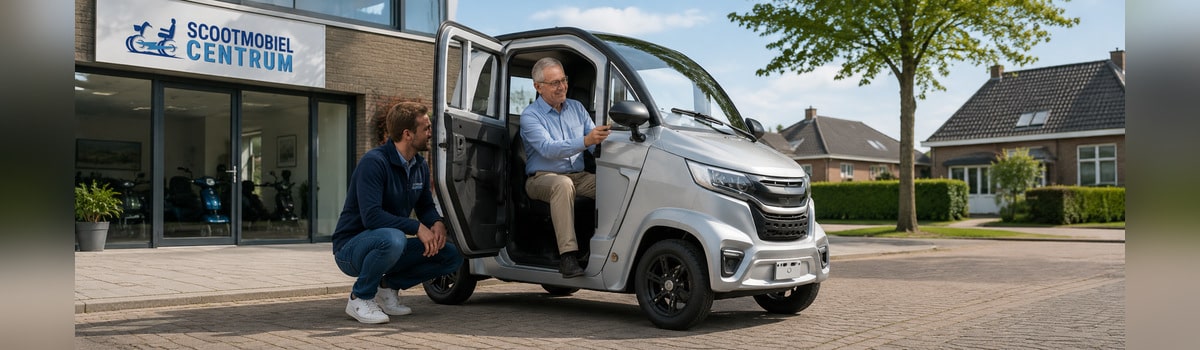 Proefrit met scootmobielauto voor instap bediening draaicirkel en stalling