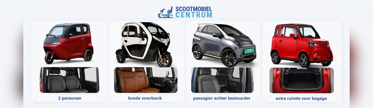 Tweepersoons scootmobielauto’s met verschillende zitindeling en bagageruimte