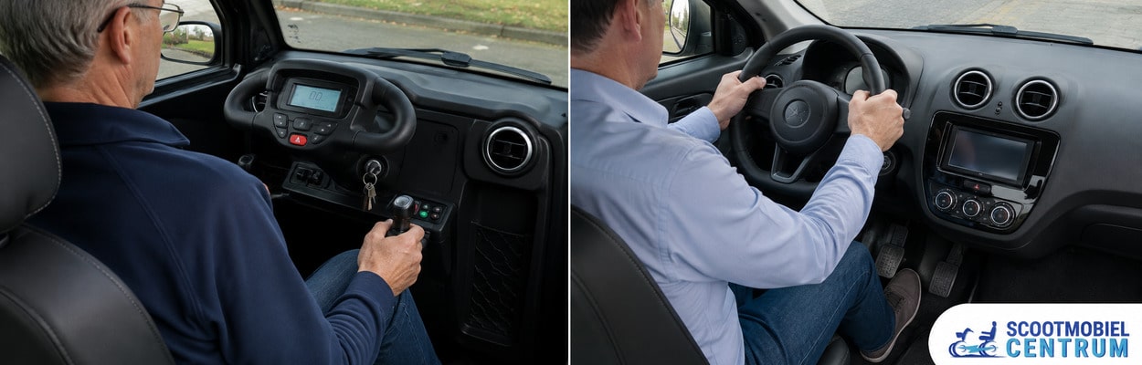 Bestuurder test handbediening in de Sunshine Q2 en pedalen in de MOVE CityCar