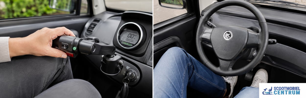 Handbediening van de Killerbee Sunshine Q2 naast stuur en pedalen van de MOVE CityCar