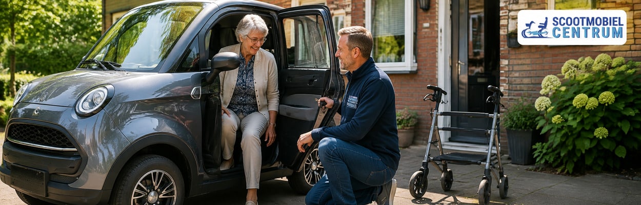 Brommobiel proefrit aan huis waarbij instap, bediening en ruimte worden gecontroleerd