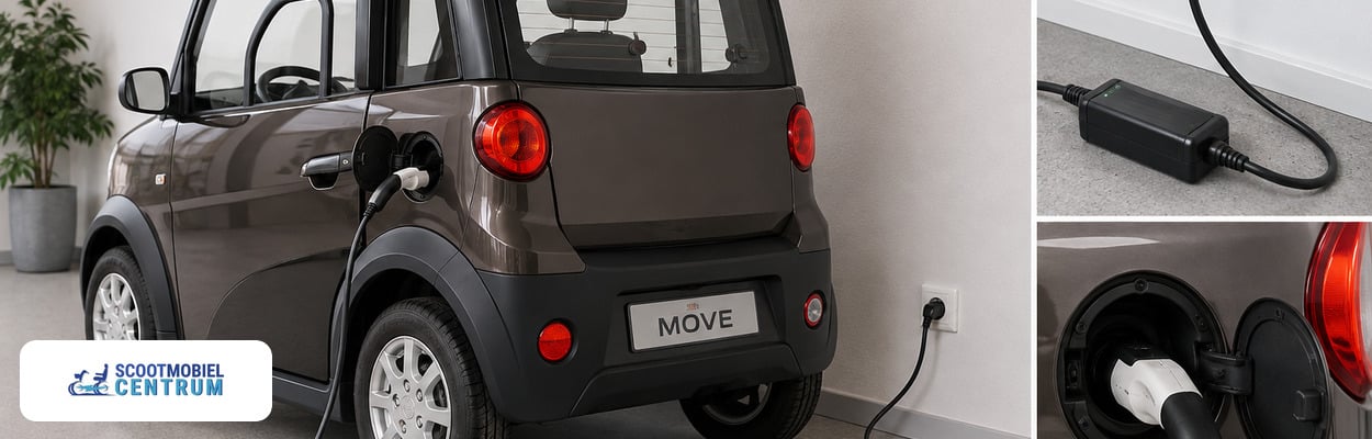 MOVE CityCar wordt thuis opgeladen met de meegeleverde lader bij een normaal stopcontact
