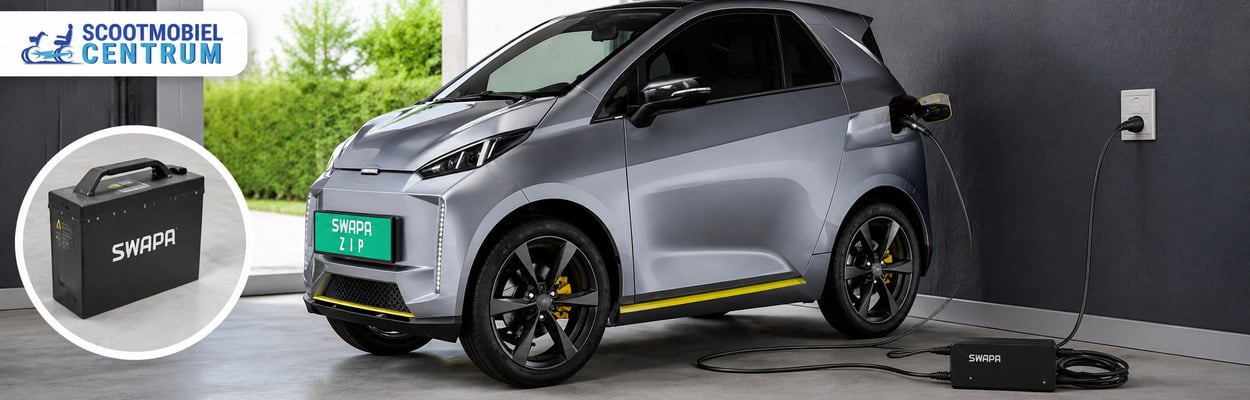 Laadpoort, meegeleverde lader en accupakket van een elektrische brommobiel